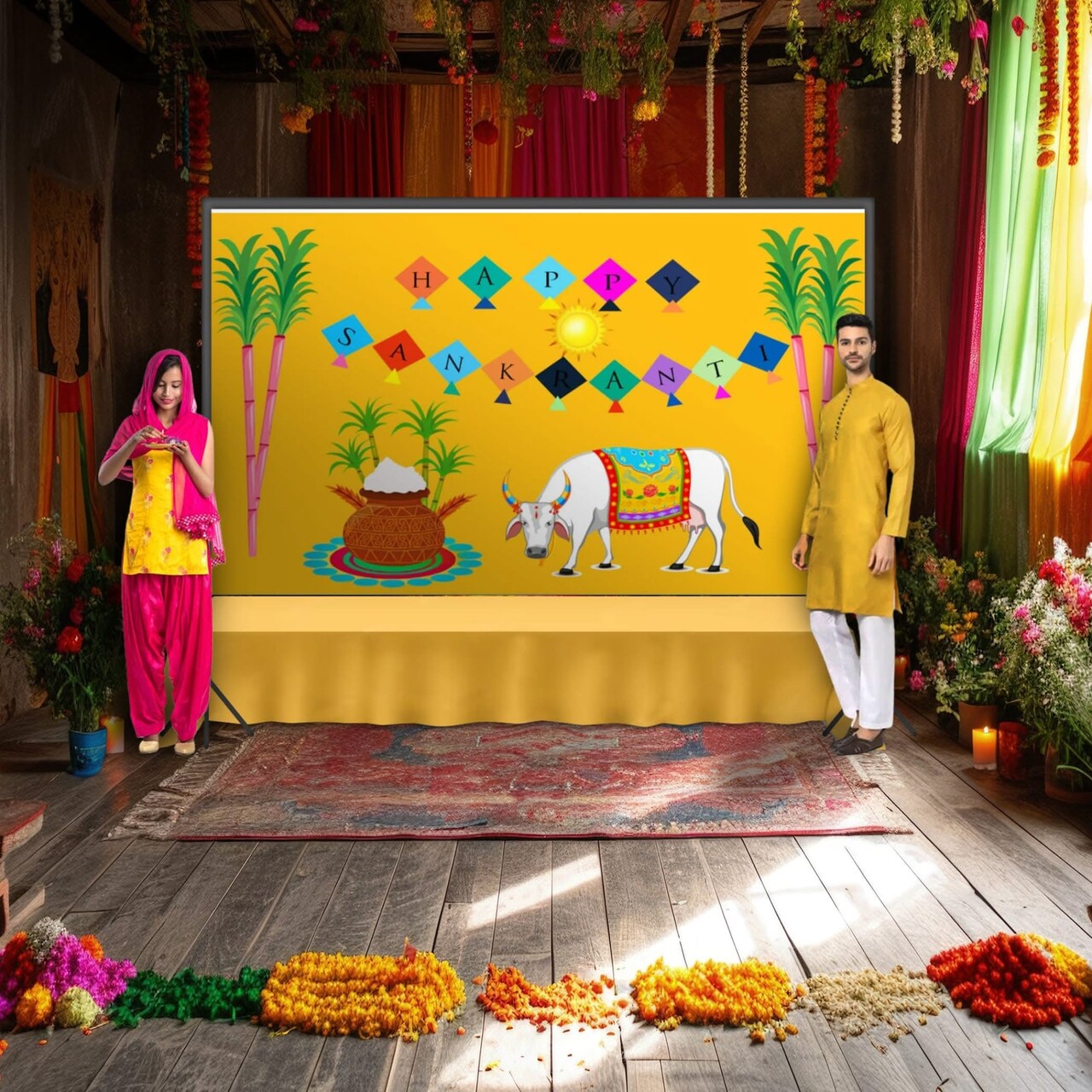 Happy Makar Sankranti Backdrop Banner - Sankranthi Decor Indian Harvest Festival Background Holiday Banner Wall Background Sankranti Party Celebration Decorations Photo Props